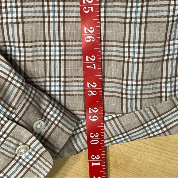 Men’s Faconnable Classique Small Tan Brown & Blue Plaid Button Down - Picture 3 of 6